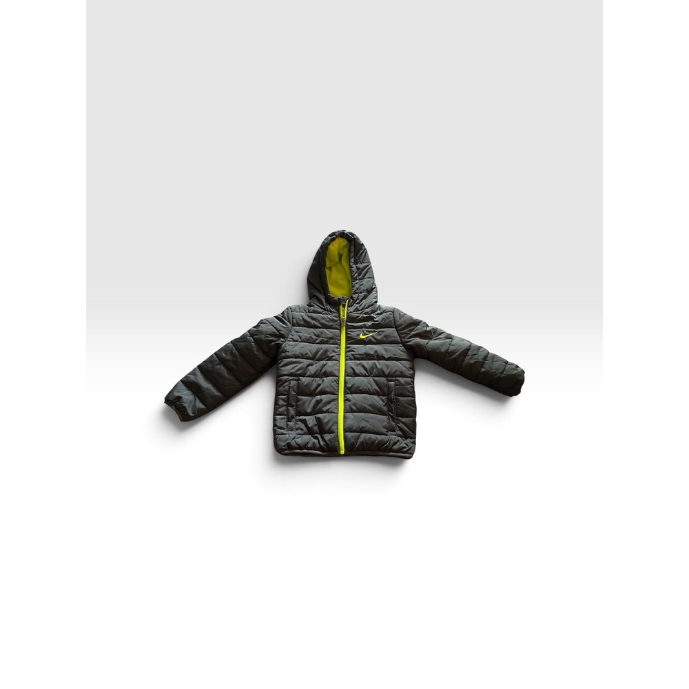 Nike Kids 4T Puffer Jacket Charcoal Grey Lime Green Hooded Fleece Lined Zip Up